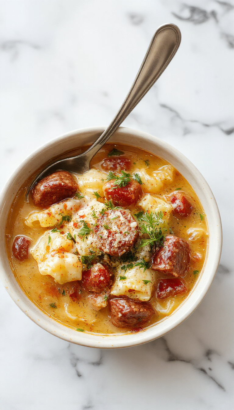 A warm, inviting bowl of creamy Italian sausage and ditalini soup garnished with fresh parsley, featuring a rich, velvety texture with chunks of sausage and noodles, topped with a sprinkle of grated Parmesan cheese, surrounded by rustic bread and herbs on a wooden table.