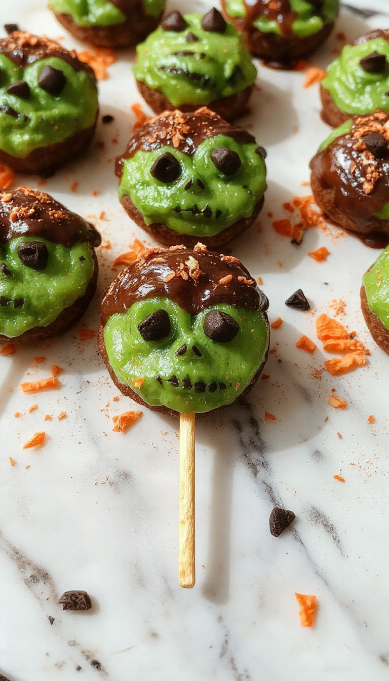 Colorful platter featuring creepy-cute Halloween-themed finger foods with bright orange, green, and purple decorations, including spooky-shaped sandwiches, monster cupcakes, and decorated cookies, all artfully arranged on a festive Halloween-themed tablecloth with seasonal accents and themed props.