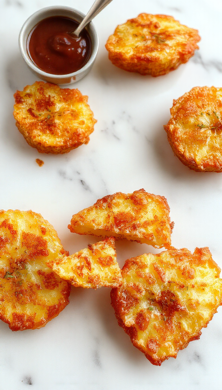 A close-up of golden-brown apple fries with a crispy outer layer, arranged neatly on a white plate garnished with a dusting of cinnamon, with a blurred background of a modern kitchen countertop.