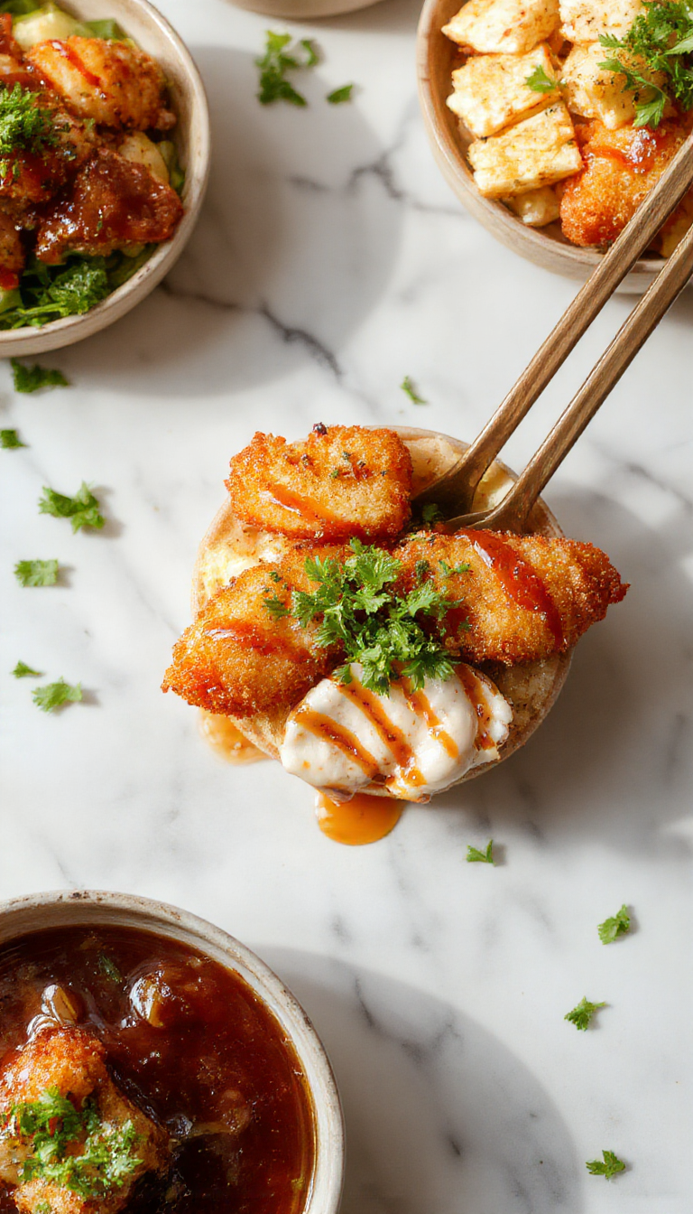 A vibrant bowl featuring crispy golden-brown Japanese katsu slices arranged neatly atop steamed rice, topped with shredded cabbage and drizzled with dark, glossy tonkatsu sauce. The bowl is presented on a rustic wooden table with chopsticks resting on the side, capturing a mouthwatering, crispy texture and colorful presentation.