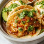 A close-up of golden-brown birria tacos filled with tender meat and melted cheese, garnished with chopped onions and fresh cilantro, served on a rustic plate with a side of rich red sauce, highlighting the crispy edges and flavorful ingredients.
