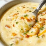 A creamy, golden bowl of Crock Pot Potato Soup topped with shredded cheese, chopped chives, and crispy bacon bits. The soup's texture looks smooth with visible chunks of potato, served on a rustic wooden table with a spoon beside it, creating a warm, inviting atmosphere.