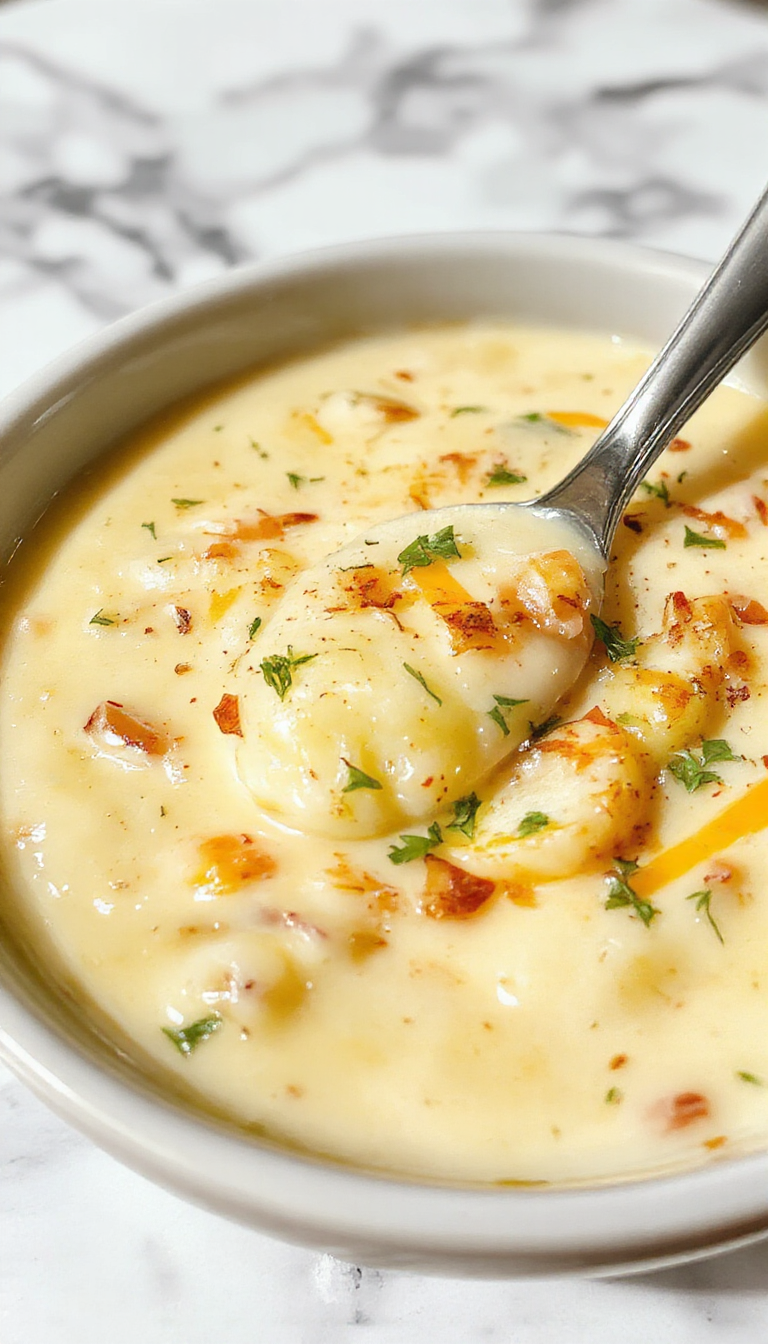 A creamy, golden bowl of Crock Pot Potato Soup topped with shredded cheese, chopped chives, and crispy bacon bits. The soup's texture looks smooth with visible chunks of potato, served on a rustic wooden table with a spoon beside it, creating a warm, inviting atmosphere.