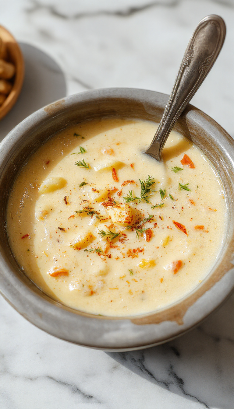 A rustic white bowl filled with creamy crack potato soup topped with shredded cheese, chopped green onions, and bacon bits. The soup has a thick, velvety texture with visible chunks of potatoes and melted cheese, presented on a wooden table with a spoon resting beside it. In the background, a slow cooker is partially visible, hinting at the comforting, homemade nature of the dish.