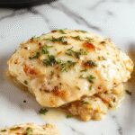 A close-up of tender, golden-brown chicken breasts coated in a flavorful lemony sauce with visible capers, garnished with fresh herbs on a rustic white plate. The dish is presented beautifully with a backdrop of sliced lemons and sprigs of parsley, highlighting its vibrant colors and appealing texture.