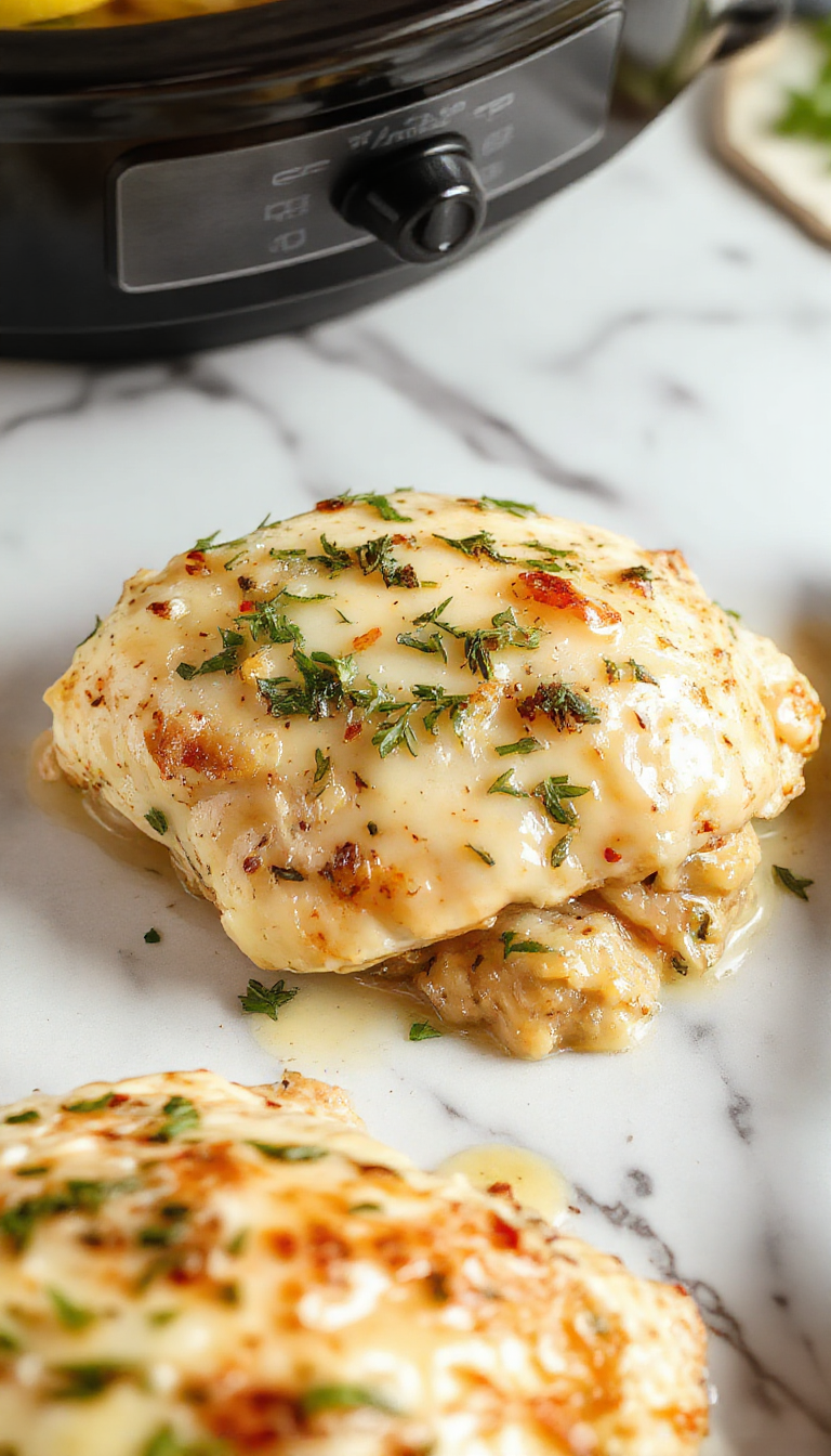 A close-up of tender, golden-brown chicken breasts coated in a flavorful lemony sauce with visible capers, garnished with fresh herbs on a rustic white plate. The dish is presented beautifully with a backdrop of sliced lemons and sprigs of parsley, highlighting its vibrant colors and appealing texture.