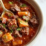 A hearty Crockpot beef stew served in a rustic white bowl, featuring tender chunks of beef, caramelized carrots, potatoes, and green beans in a thick, savory broth. The stew is garnished with freshly chopped parsley, with steam rising, highlighting the rich texture and inviting color contrasts of deep browns, vibrant oranges, and fresh greens.