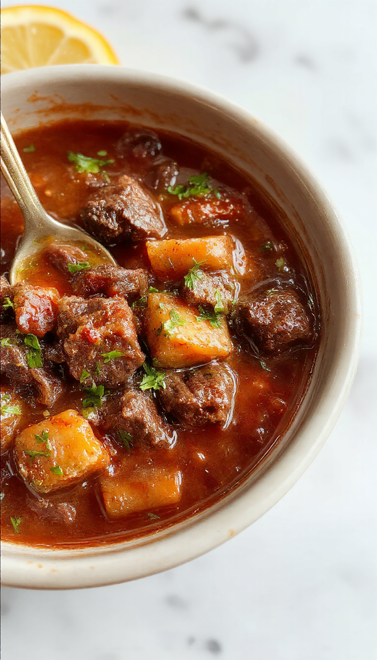 A hearty Crockpot beef stew served in a rustic white bowl, featuring tender chunks of beef, caramelized carrots, potatoes, and green beans in a thick, savory broth. The stew is garnished with freshly chopped parsley, with steam rising, highlighting the rich texture and inviting color contrasts of deep browns, vibrant oranges, and fresh greens.