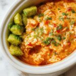 A close-up of a creamy Buffalo Chicken Dip in a rustic ceramic bowl, topped with shredded cheese, chopped green onions, and red chili flakes, surrounded by celery sticks and tortilla chips on a wooden table. The dip has a golden-brown crust on top with a bubbly texture, invitingly presented in a cozy, inviting setting.