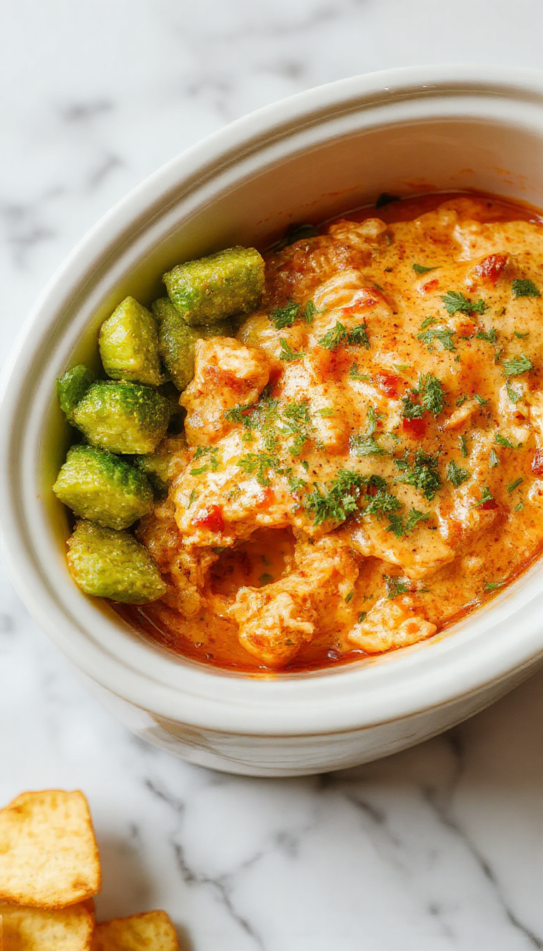 A close-up of a creamy Buffalo Chicken Dip in a rustic ceramic bowl, topped with shredded cheese, chopped green onions, and red chili flakes, surrounded by celery sticks and tortilla chips on a wooden table. The dip has a golden-brown crust on top with a bubbly texture, invitingly presented in a cozy, inviting setting.