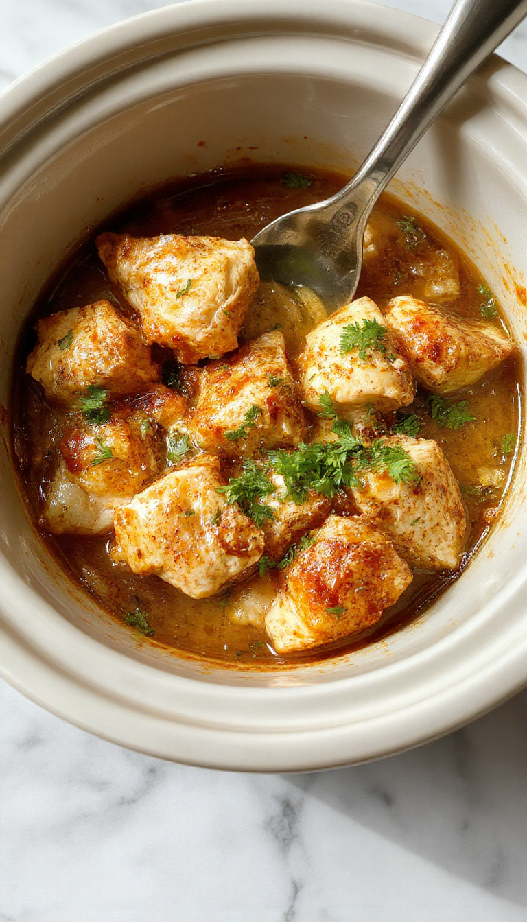 A bowl of creamy butter chicken with rich orange sauce topped with fresh cilantro, served over steaming white rice. The dish is presented on a rustic wooden table with a side of naan bread, highlighting the tender chicken pieces coated in a glossy sauce and garnished with herbs.