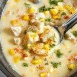 A rustic white bowl filled with creamy chicken corn chowder, topped with chopped fresh herbs and a sprinkle of black pepper. The chowder has a smooth, thick texture with visible chunks of tender chicken, sweet corn kernels, and bits of diced vegetables. The bowl is placed on a wooden table with a cozy, inviting ambiance, hinting at a hearty comfort meal.