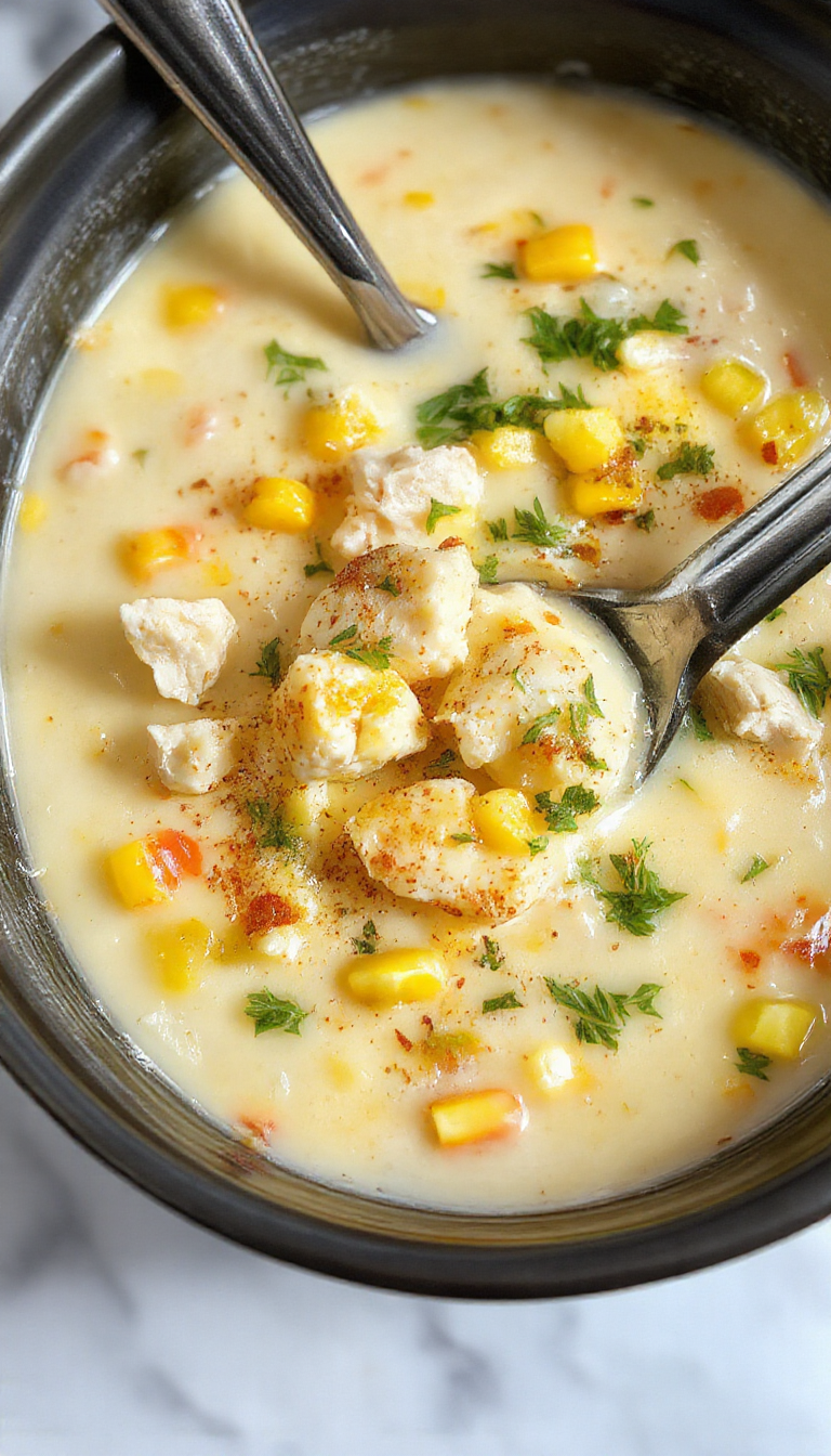 A rustic white bowl filled with creamy chicken corn chowder, topped with chopped fresh herbs and a sprinkle of black pepper. The chowder has a smooth, thick texture with visible chunks of tender chicken, sweet corn kernels, and bits of diced vegetables. The bowl is placed on a wooden table with a cozy, inviting ambiance, hinting at a hearty comfort meal.