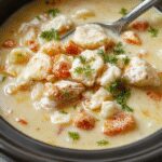 A steaming bowl of chicken and rice soup with tender shredded chicken, fluffy rice, vibrant vegetables, and herbs in a rustic white bowl. The soup has a rich, creamy broth with visible carrots and celery, garnished with fresh parsley slices, placed on a wooden table with a cozy fall-themed background.