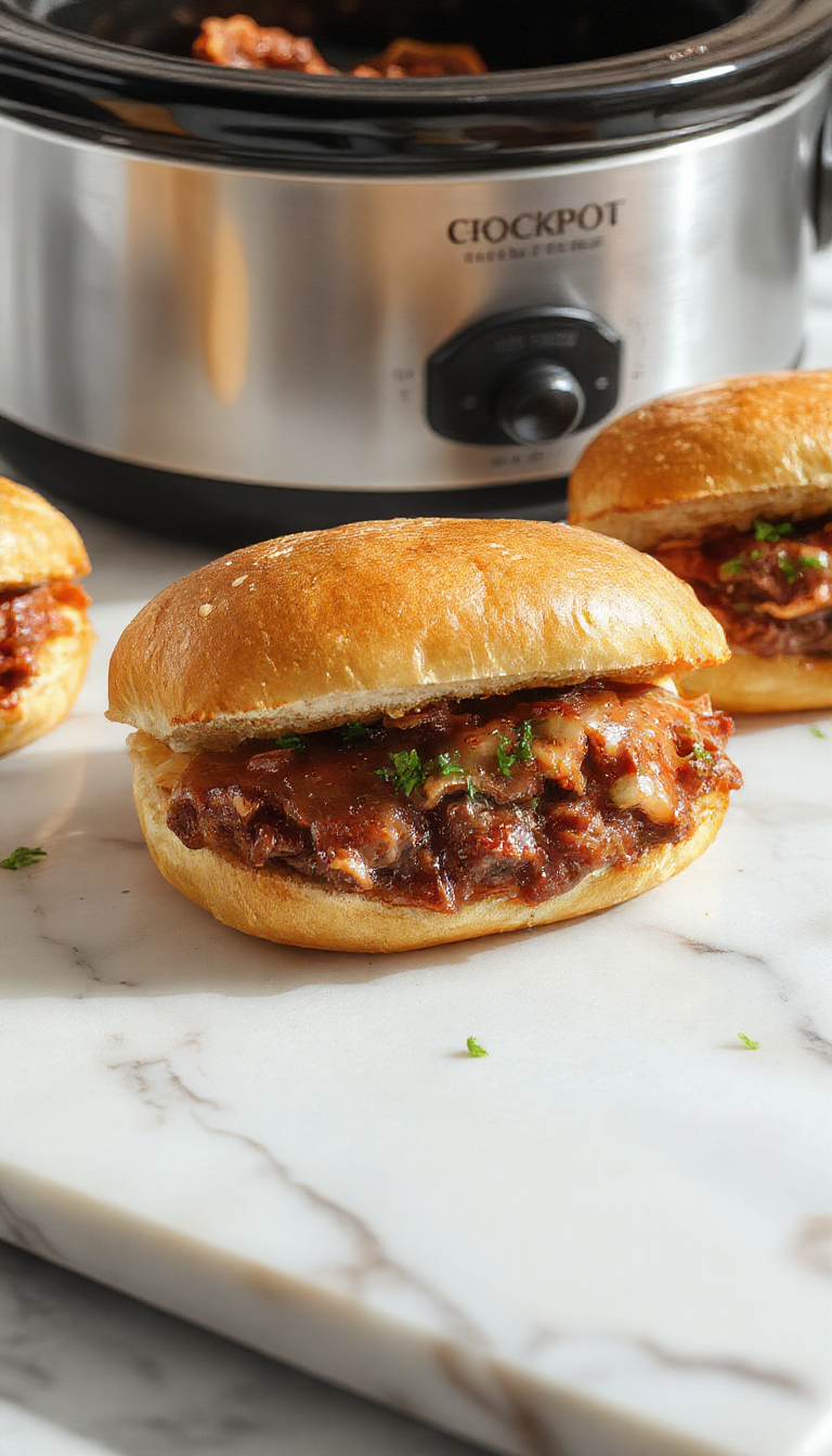 A close-up of a French Dip Sandwich with tender, thinly sliced beef piled in a toasted hoagie bun, topped with melted cheese and caramelized onions, served alongside a small bowl of au jus. The sandwich is garnished with fresh herbs and placed on a rustic wooden plate, with steam rising gently, highlighting its warm, savory appeal.