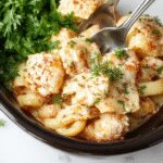A close-up of a creamy chicken pasta dish served in a white bowl, featuring tender shredded chicken coated in a rich garlic Parmesan sauce, garnished with fresh parsley, with a sprinkle of grated Parmesan cheese and a side of golden-brown garlic bread in the background. The dish appears saucy with a smooth, velvety texture, highlighting the luscious sauce and perfectly cooked pasta, presented on a rustic wooden table.