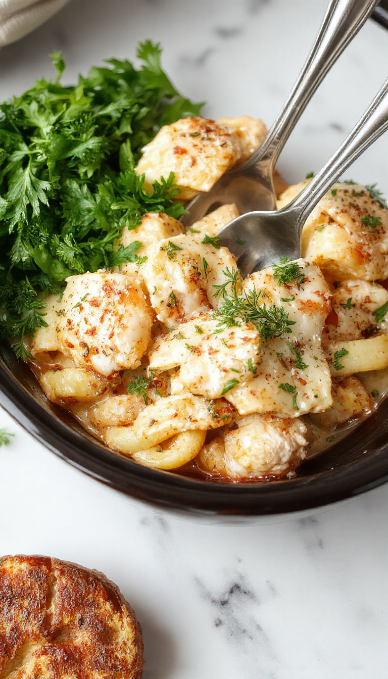 A close-up of a creamy chicken pasta dish served in a white bowl, featuring tender shredded chicken coated in a rich garlic Parmesan sauce, garnished with fresh parsley, with a sprinkle of grated Parmesan cheese and a side of golden-brown garlic bread in the background. The dish appears saucy with a smooth, velvety texture, highlighting the luscious sauce and perfectly cooked pasta, presented on a rustic wooden table.