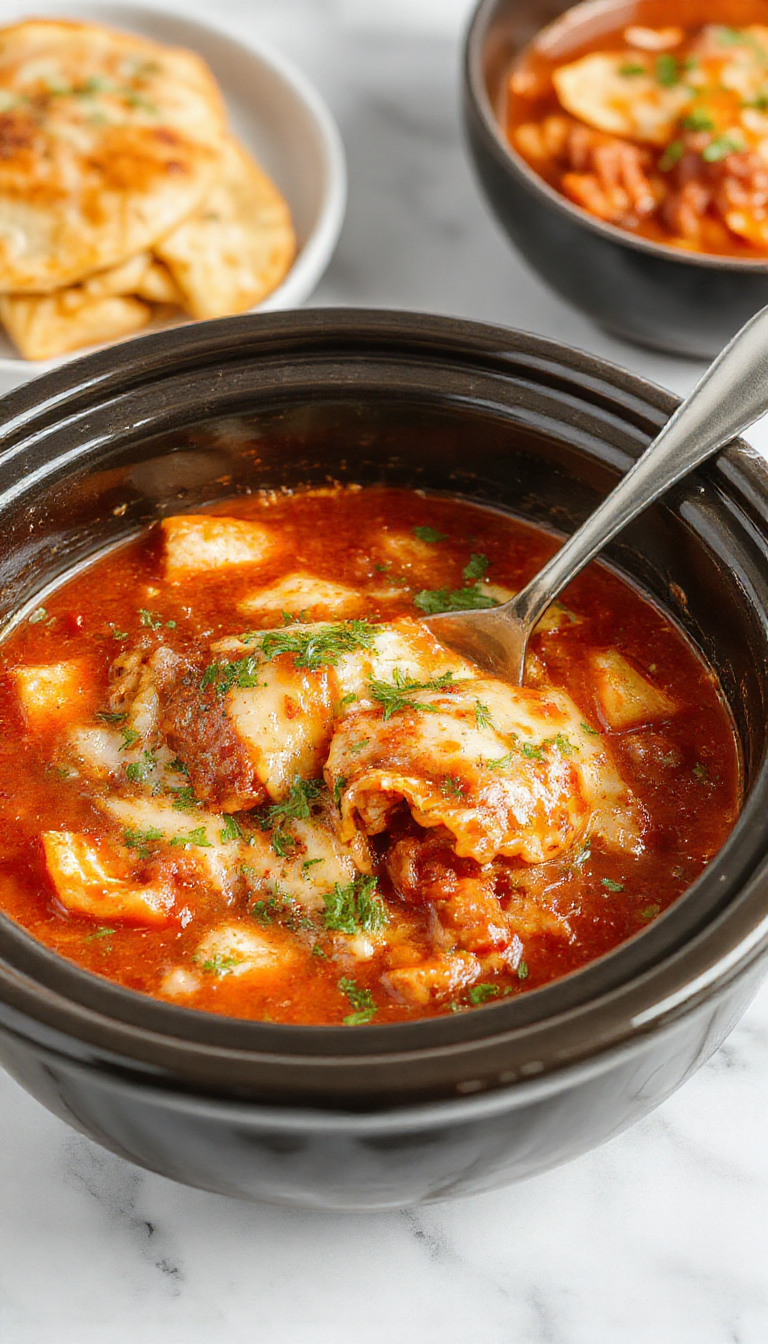 A steaming bowl of lasagna soup with layers of rich tomato broth, melted cheese, and tender lasagna noodles topped with fresh basil and grated Parmesan, served on a rustic wooden table with a spoon resting beside it.