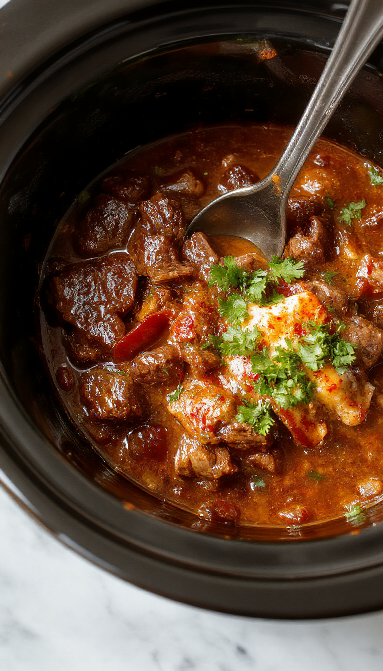 A steaming bowl of tender Mexican beef birria sits atop a rustic wooden table, garnished with fresh cilantro and sliced onions, with a side of warm corn tortillas. The beef appears shredded and juicy, immersed in a rich, reddish-brown broth, with visible spices and herbs. The scene is inviting and vibrant, highlighting the hearty and flavorful nature of the dish.