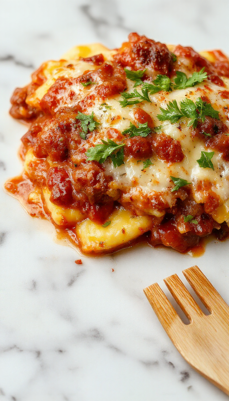 A hearty serving of Crockpot Ravioli Lasagna in a rustic ceramic dish topped with melted cheese, garnished with fresh basil, and accompanied by a side salad. The lasagna layers are visible through the creamy, cheesy topping, with tender ravioli nestled between rich sauce layers.