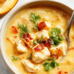 A steaming bowl of Thai Coconut Chicken Soup featuring tender shredded chicken, vibrant orange and green vegetables, and slices of lime on top. The soup has a rich, creamy coconut base with visible herbs like cilantro and Thai basil, garnished with chili flakes and leafy greens, served in a rustic white bowl on a wooden table.