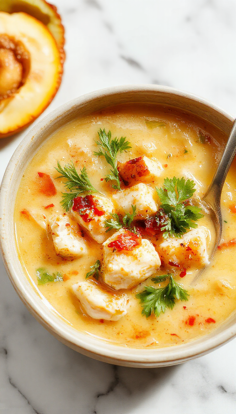 A steaming bowl of Thai Coconut Chicken Soup featuring tender shredded chicken, vibrant orange and green vegetables, and slices of lime on top. The soup has a rich, creamy coconut base with visible herbs like cilantro and Thai basil, garnished with chili flakes and leafy greens, served in a rustic white bowl on a wooden table.