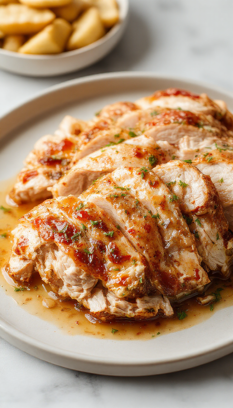 A beautifully cooked crockpot turkey breast with golden-brown, crispy skin, sliced to reveal tender, juicy white meat inside, served on a rustic platter garnished with fresh herbs. The dish is presented with a side of vegetables and the crockpot visible in the background, emphasizing the homely and comforting presentation.