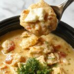 A bowl of creamy white chicken chili garnished with fresh cilantro, topped with a dollop of sour cream and shredded cheese, set against a rustic wooden table with a crockpot visible in the background.