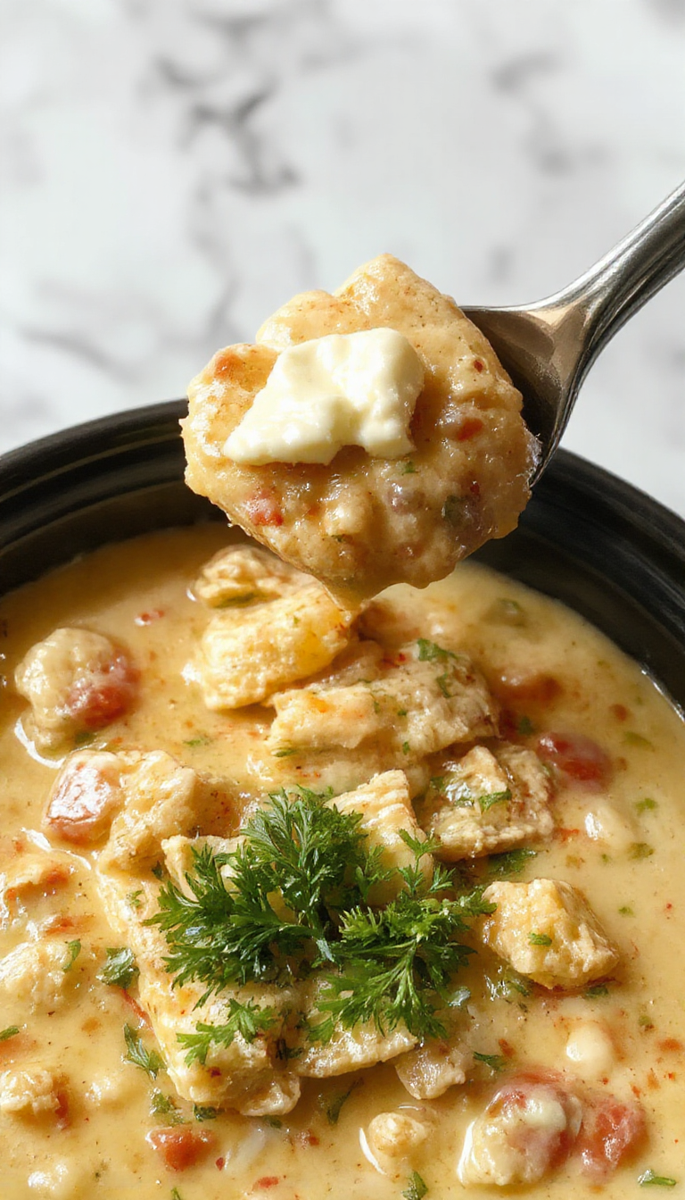 A bowl of creamy white chicken chili garnished with fresh cilantro, topped with a dollop of sour cream and shredded cheese, set against a rustic wooden table with a crockpot visible in the background.