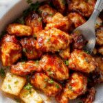 A bowl of tender shredded crockpot teriyaki chicken glazed with glossy sauce, garnished with sliced green onions and sesame seeds, served alongside a bed of steamed white rice in a rustic dish.