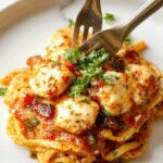 A bowl of creamy cowboy butter chicken linguine with golden-brown grilled chicken slices, coated in a rich sauce, garnished with chopped herbs, served on a rustic wooden table with a fork twirling the noodles.
