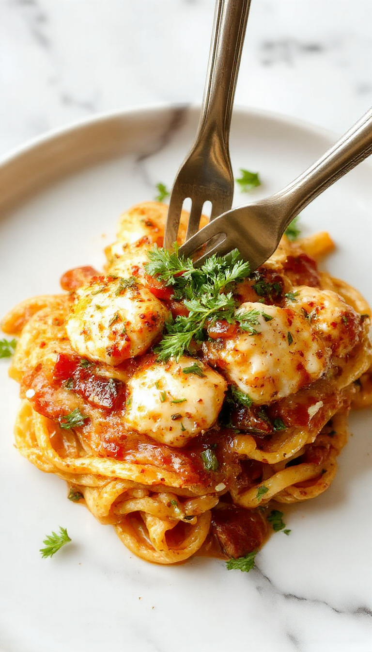 A bowl of creamy cowboy butter chicken linguine with golden-brown grilled chicken slices, coated in a rich sauce, garnished with chopped herbs, served on a rustic wooden table with a fork twirling the noodles.