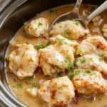 A rustic white crockpot filled with tender shredded chicken covered in rich, creamy gravy, garnished with fresh herbs, set on a wooden table with serving spoon ready