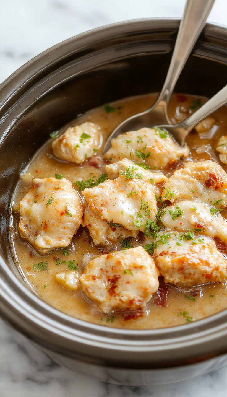 A rustic white crockpot filled with tender shredded chicken covered in rich, creamy gravy, garnished with fresh herbs, set on a wooden table with serving spoon ready
