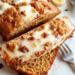 A sliced piece of Greek yogurt banana bread on a rustic wooden plate with a golden-brown crust, revealing a moist interior dotted with mashed bananas and swirls of Greek yogurt. The bread is garnished with a sprig of fresh mint and served alongside a small dish of honey, highlighting its soft texture and inviting appearance.