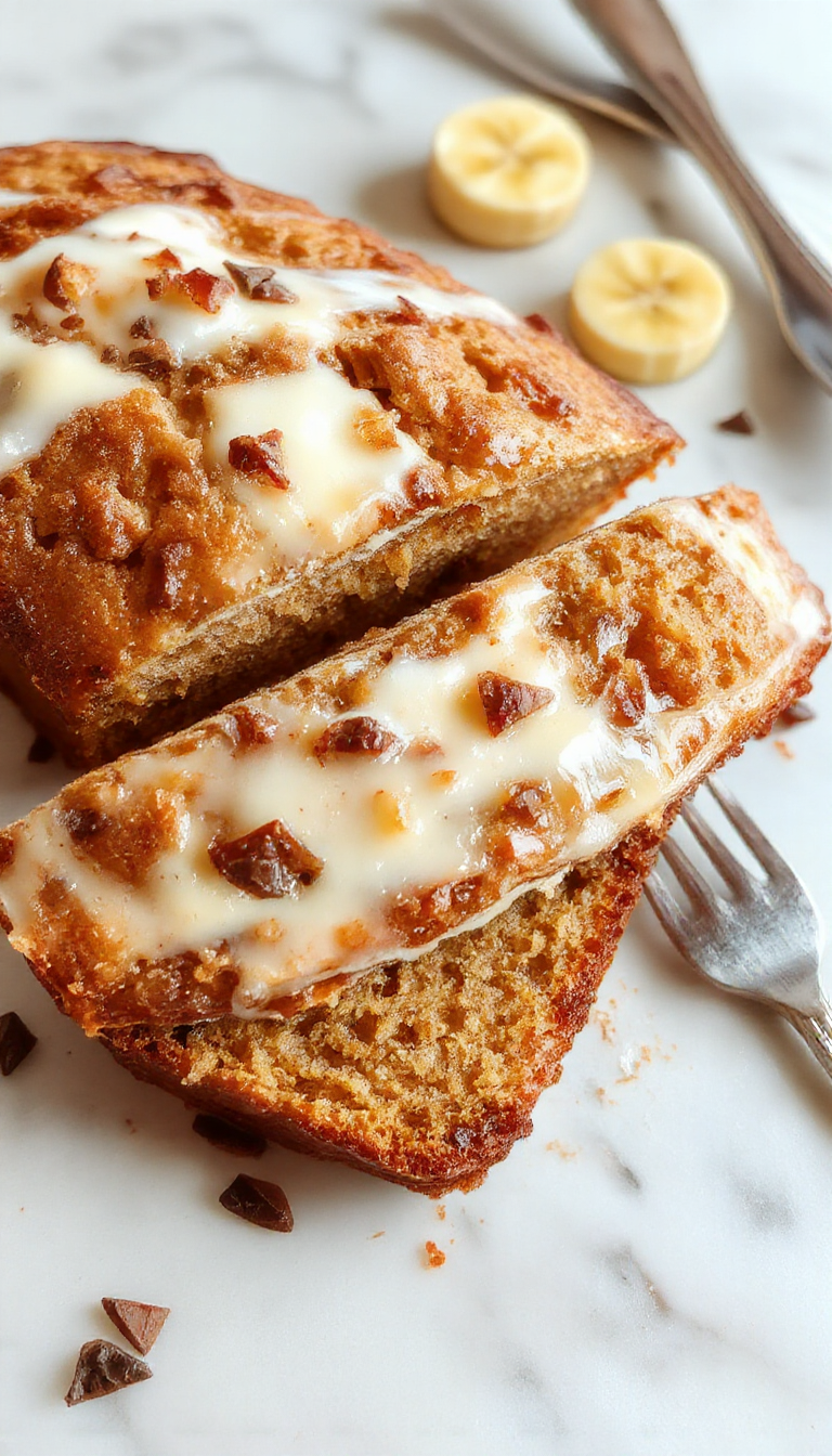 A sliced piece of Greek yogurt banana bread on a rustic wooden plate with a golden-brown crust, revealing a moist interior dotted with mashed bananas and swirls of Greek yogurt. The bread is garnished with a sprig of fresh mint and served alongside a small dish of honey, highlighting its soft texture and inviting appearance.