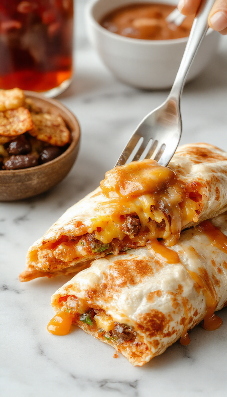 A golden-brown grilled cheese burrito sliced open to reveal melted cheese and crispy tortilla layers, served on a white plate with a side of fresh salad and garnished with chopped herbs, emphasizing the crispy exterior and gooey interior.
