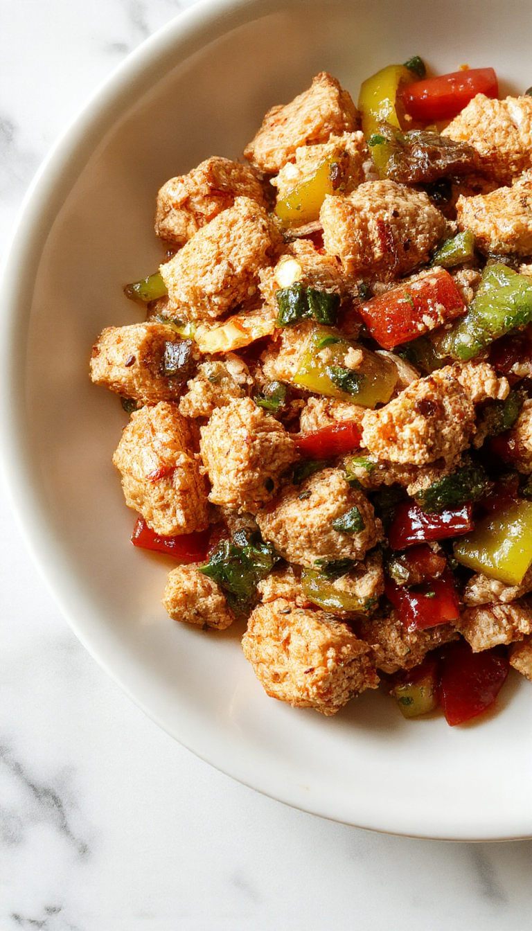 A vibrant stir-fry dish featuring ground turkey cooked with colorful bell peppers in red, yellow, and green, garnished with chopped green onions on a white plate, with a rustic wooden background and chopsticks on the side.