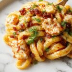 A close-up of a servings of honey pepper chicken pasta on a white plate, showcasing luscious creamy sauce coated with tender chicken pieces, vibrant peppers, and a sprinkle of herbs. The pasta is perfectly cooked, with visible textures of the sauce and ingredients, presented in an inviting, well-lit setting.
