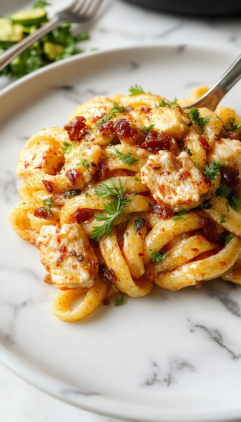 A close-up of a servings of honey pepper chicken pasta on a white plate, showcasing luscious creamy sauce coated with tender chicken pieces, vibrant peppers, and a sprinkle of herbs. The pasta is perfectly cooked, with visible textures of the sauce and ingredients, presented in an inviting, well-lit setting.