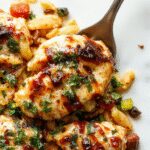 A close-up of a skillet showcasing tender balsamic-glazed chicken pieces surrounded by al dente orzo pasta and colorful sautéed vegetables, garnished with fresh herbs, with a rich, glossy glaze highlighting the savory ingredients.