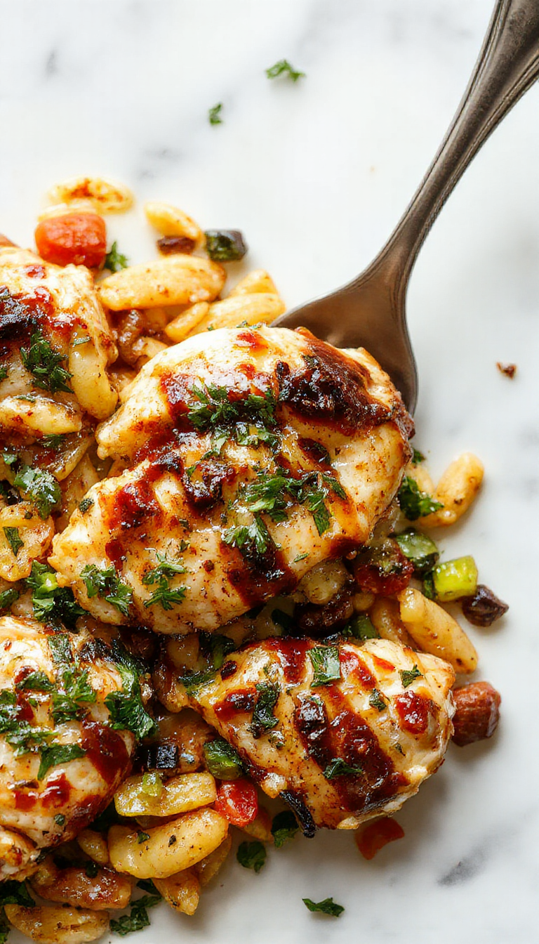 A close-up of a skillet showcasing tender balsamic-glazed chicken pieces surrounded by al dente orzo pasta and colorful sautéed vegetables, garnished with fresh herbs, with a rich, glossy glaze highlighting the savory ingredients.