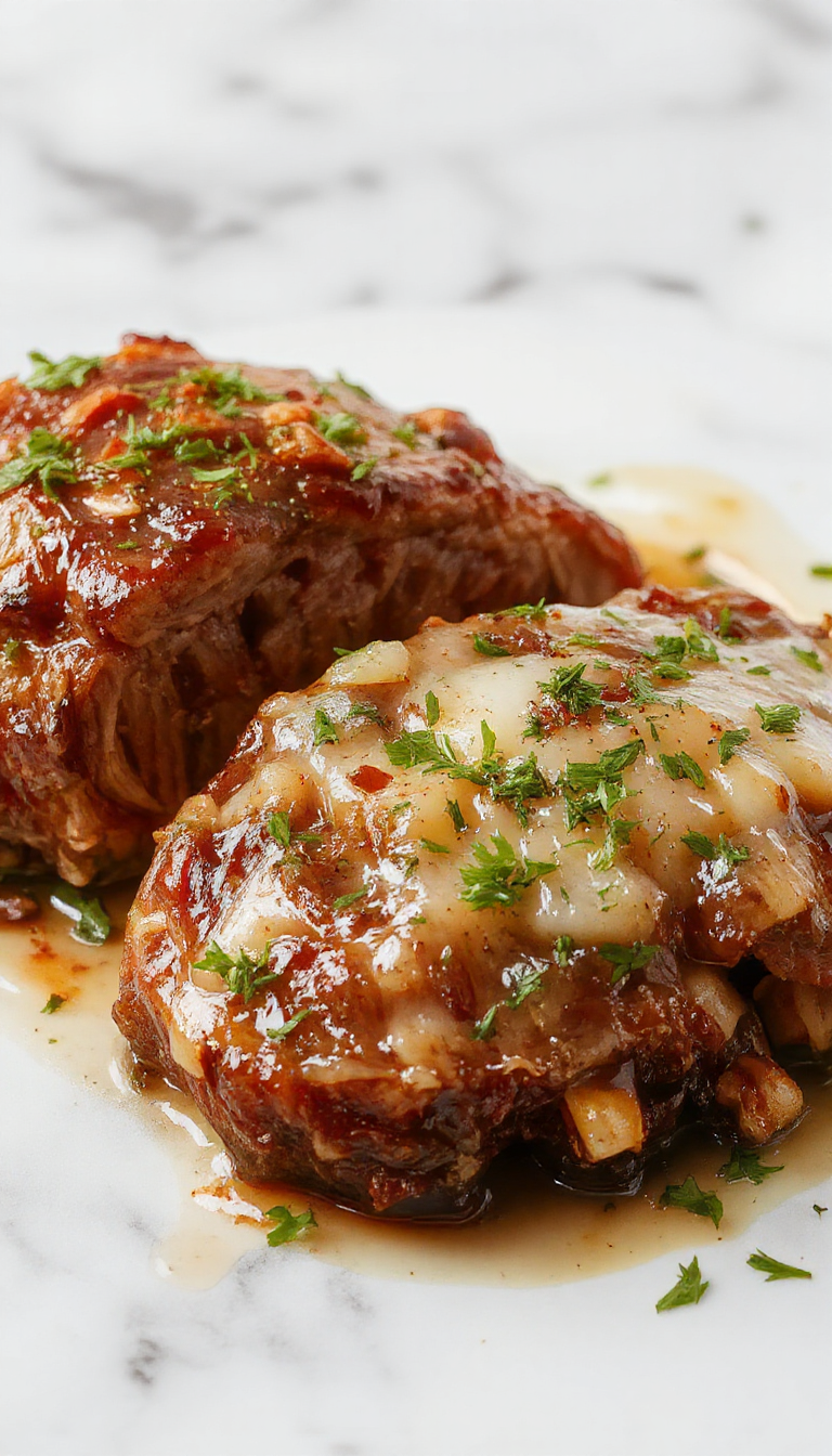 A succulent, golden-brown chuck roast resting in a rustic crock pot, surrounded by caramelized onions and herbs, with juices glistening and steam rising, presented on a wooden surface with a cozy, inviting atmosphere.