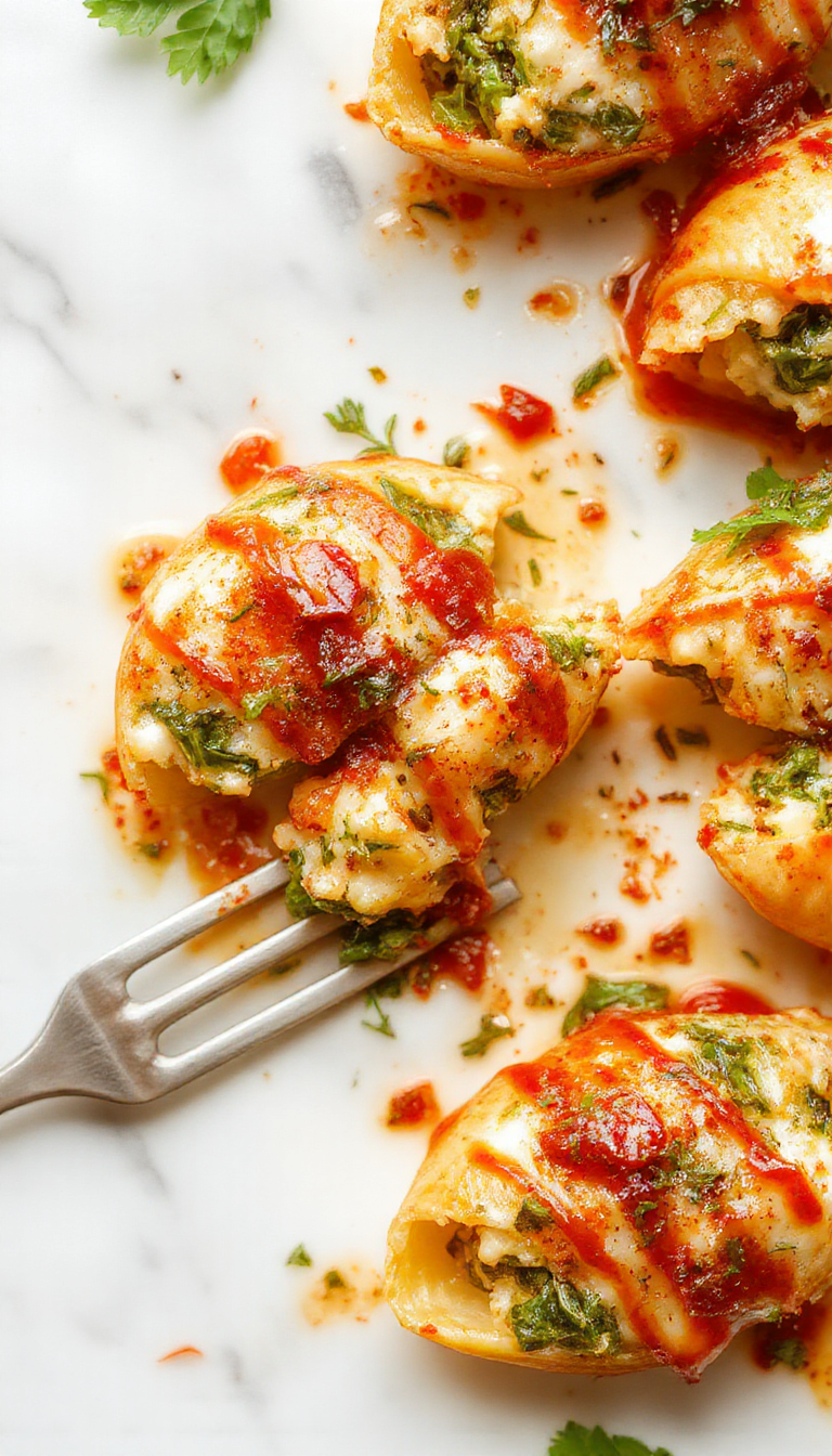 A close-up of creamy spinach and ricotta stuffed pasta shells arranged on a white ceramic plate. The shells are golden with green spinach filling visible, garnished with a sprinkle of grated cheese and fresh herbs, with a vibrant green spinach leaves backdrop.