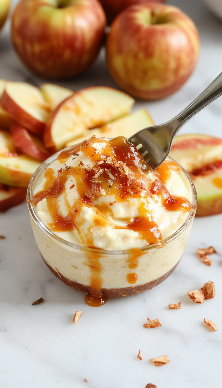 A close-up of a creamy caramel apple cheesecake dip in a clear glass bowl, topped with chunks of fresh green and red apples, drizzled with golden caramel sauce, surrounded by apple slices and crunchy graham cracker crumbs, all set on a rustic wooden table with fall-themed decor in the background.