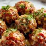 A close-up shot of golden-brown French onion meatballs arranged on a rustic white plate, topped with caramelized onions and drizzled with rich onion sauce, garnished with chopped parsley. The dish is surrounded by a warm, inviting setting with a fork and knife carefully placed beside the plate.