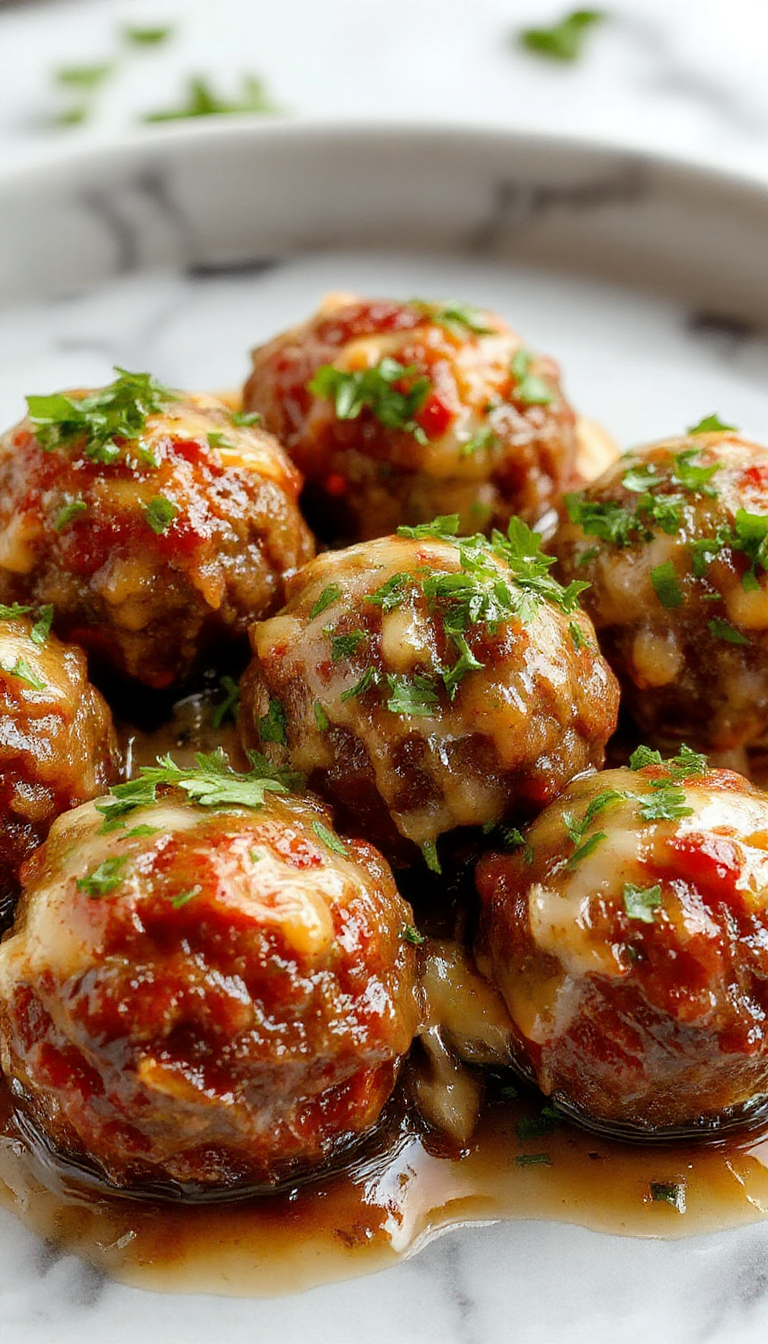 A close-up shot of golden-brown French onion meatballs arranged on a rustic white plate, topped with caramelized onions and drizzled with rich onion sauce, garnished with chopped parsley. The dish is surrounded by a warm, inviting setting with a fork and knife carefully placed beside the plate.