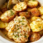 A hearty serving of garlic Parmesan chicken and potatoes in a rustic bowl, topped with melted cheese and fresh herbs, with crispy roasted potatoes around it, garnished with chopped parsley.