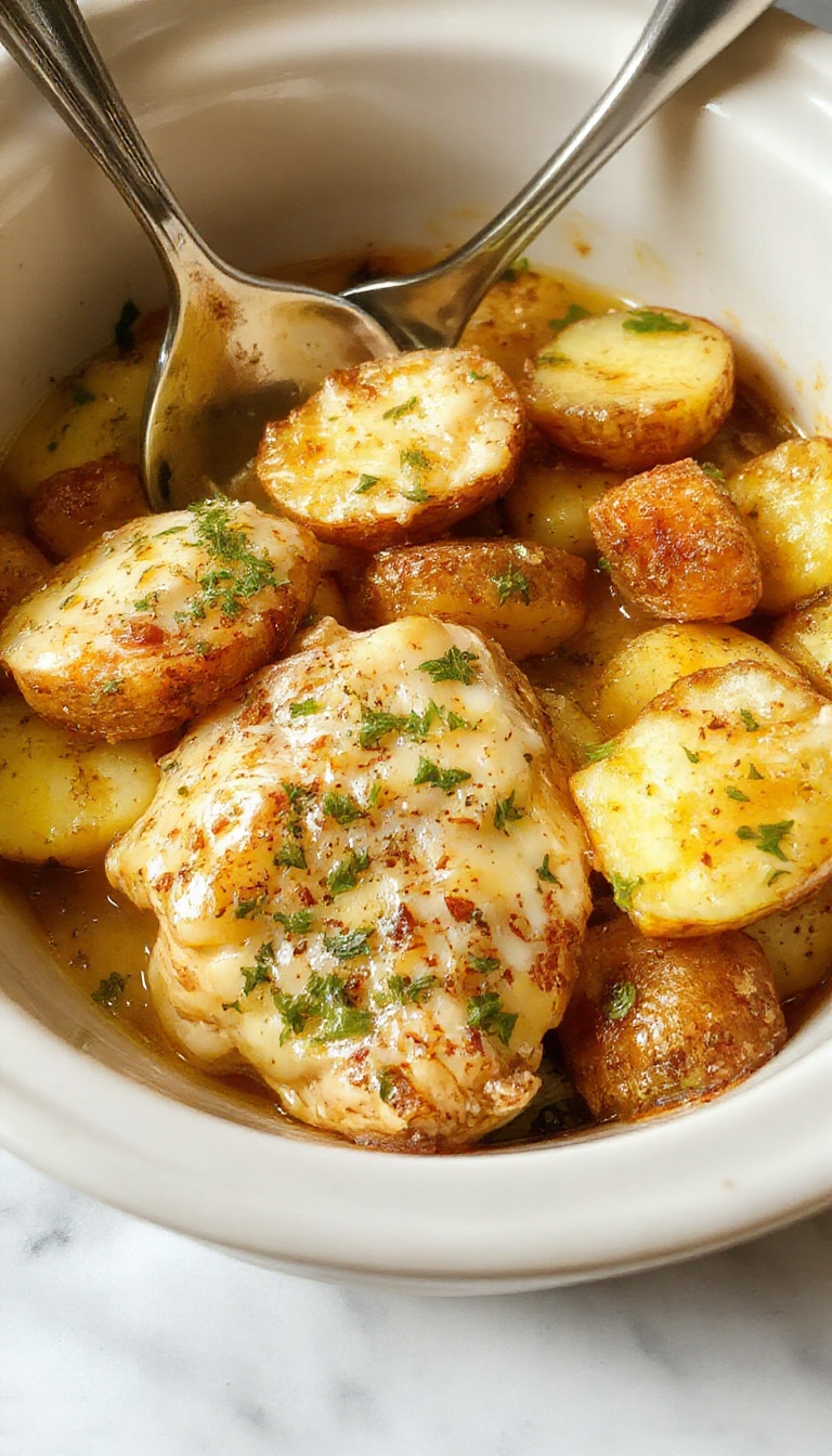 A hearty serving of garlic Parmesan chicken and potatoes in a rustic bowl, topped with melted cheese and fresh herbs, with crispy roasted potatoes around it, garnished with chopped parsley.