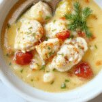 A warm, inviting bowl of Greek Lemon Chicken Soup featuring shredded chicken, bright yellow lemon slices, fresh herbs, and a light broth garnished with parsley on a rustic wooden table.